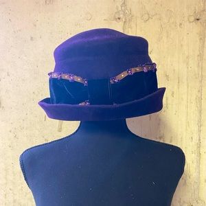 Purple wool hat with velvet bow-flower ribbon detailing Linda Campisano original